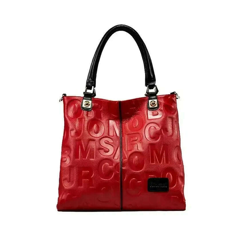 KIMLUD, Lady Cowhide Tote Bag and Purses Luxury Designer Handbags for Women 2024 Winter Genuine Leather Embossed Letters Decorate Sling, Red / 35cm-11cm-33cm, KIMLUD Women's Clothes