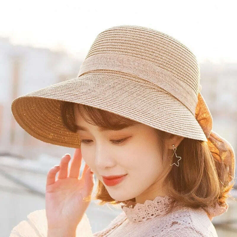 KIMLUD, Lady New Bowknot Straw Hat Adult Summer Sunscreen Leisure Cap Wide Brim Students Fresh Raffia Shading Sun Cap Foldable, KIMLUD Womens Clothes