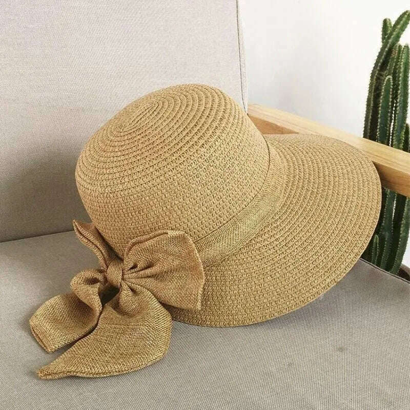 KIMLUD, Lady New Bowknot Straw Hat Adult Summer Sunscreen Leisure Cap Wide Brim Students Fresh Raffia Shading Sun Cap Foldable, KIMLUD Womens Clothes