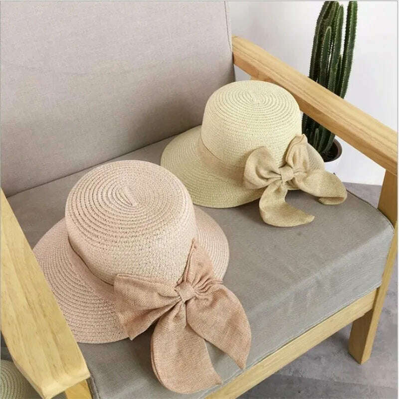 KIMLUD, Lady New Bowknot Straw Hat Adult Summer Sunscreen Leisure Cap Wide Brim Students Fresh Raffia Shading Sun Cap Foldable, KIMLUD Womens Clothes