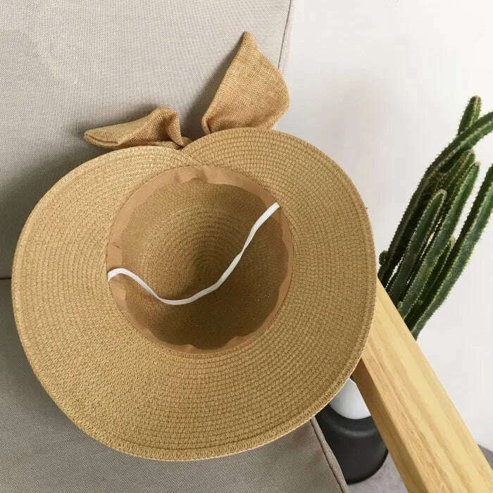 KIMLUD, Lady New Bowknot Straw Hat Adult Summer Sunscreen Leisure Cap Wide Brim Students Fresh Raffia Shading Sun Cap Foldable, KIMLUD Womens Clothes