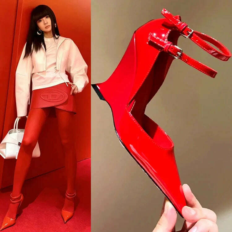 KIMLUD, Lady Sexy Slope Heels Woman Ankle Strap Dress Wedding Shoes Party Sandalias De Mujer Luxury Sandals Women Designers, KIMLUD Womens Clothes