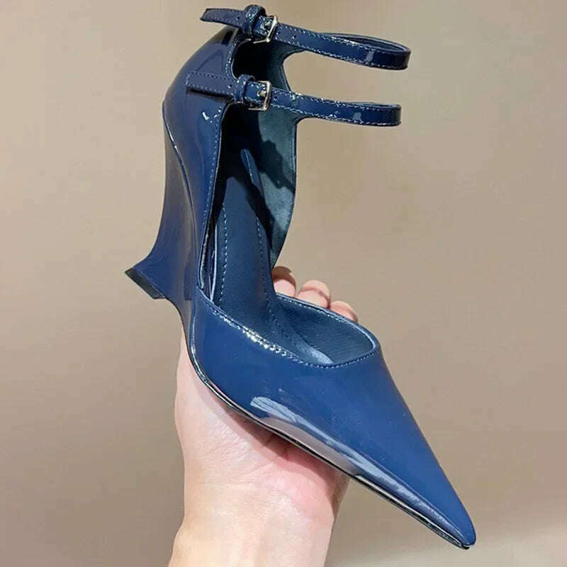 KIMLUD, Lady Sexy Slope Heels Woman Ankle Strap Dress Wedding Shoes Party Sandalias De Mujer Luxury Sandals Women Designers, Blue / 35, KIMLUD APPAREL - Womens Clothes