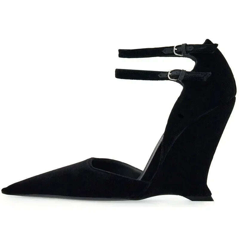 KIMLUD, Lady Sexy Slope Heels Woman Ankle Strap Dress Wedding Shoes Party Sandalias De Mujer Luxury Sandals Women Designers, Black flannelette / 42, KIMLUD APPAREL - Womens Clothes