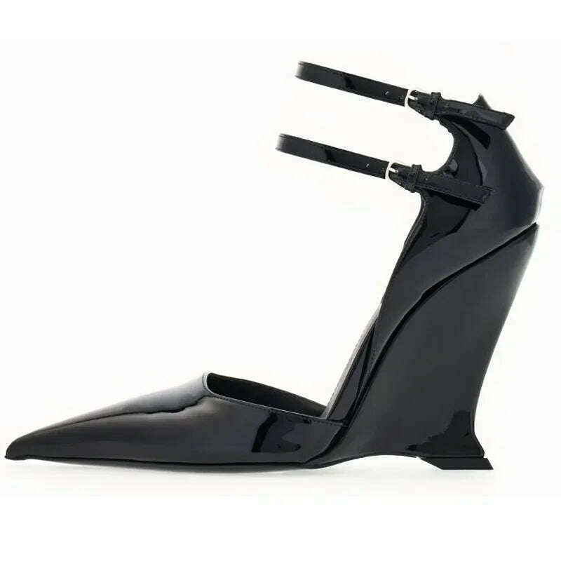 KIMLUD, Lady Sexy Slope Heels Woman Ankle Strap Dress Wedding Shoes Party Sandalias De Mujer Luxury Sandals Women Designers, Black / 38, KIMLUD APPAREL - Womens Clothes