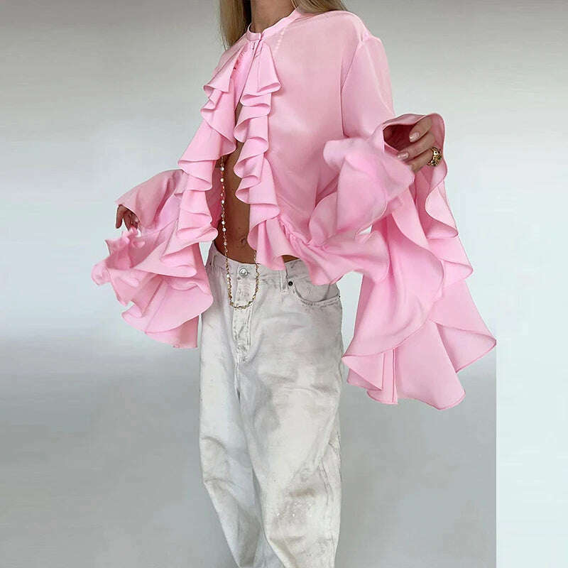 Lady Temperament Cardigan Tops Spring Fashion Design Ruffle Single Breasted Shirt Casual Women O-neck Butterfly Sleeve Blouses - KIMLUD