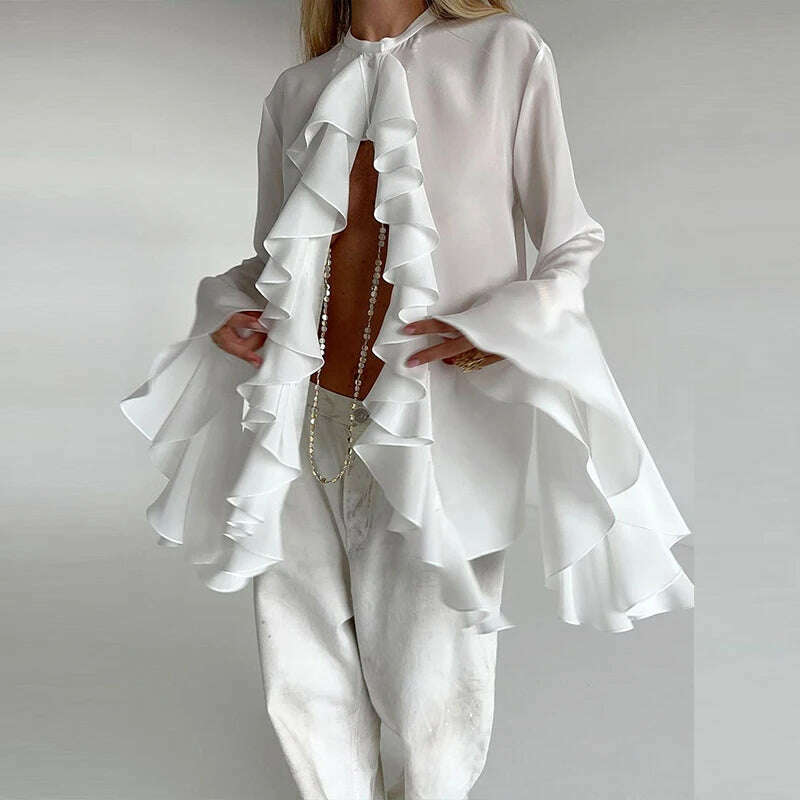 Lady Temperament Cardigan Tops Spring Fashion Design Ruffle Single Breasted Shirt Casual Women O-neck Butterfly Sleeve Blouses - KIMLUD