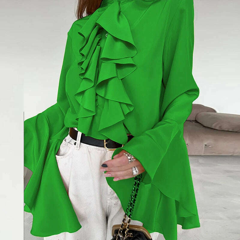 Lady Temperament Cardigan Tops Spring Fashion Design Ruffle Single Breasted Shirt Casual Women O-neck Butterfly Sleeve Blouses - KIMLUD