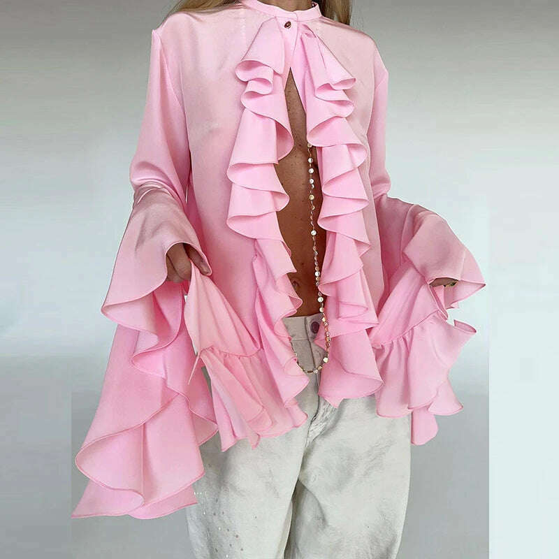 Lady Temperament Cardigan Tops Spring Fashion Design Ruffle Single Breasted Shirt Casual Women O-neck Butterfly Sleeve Blouses - KIMLUD