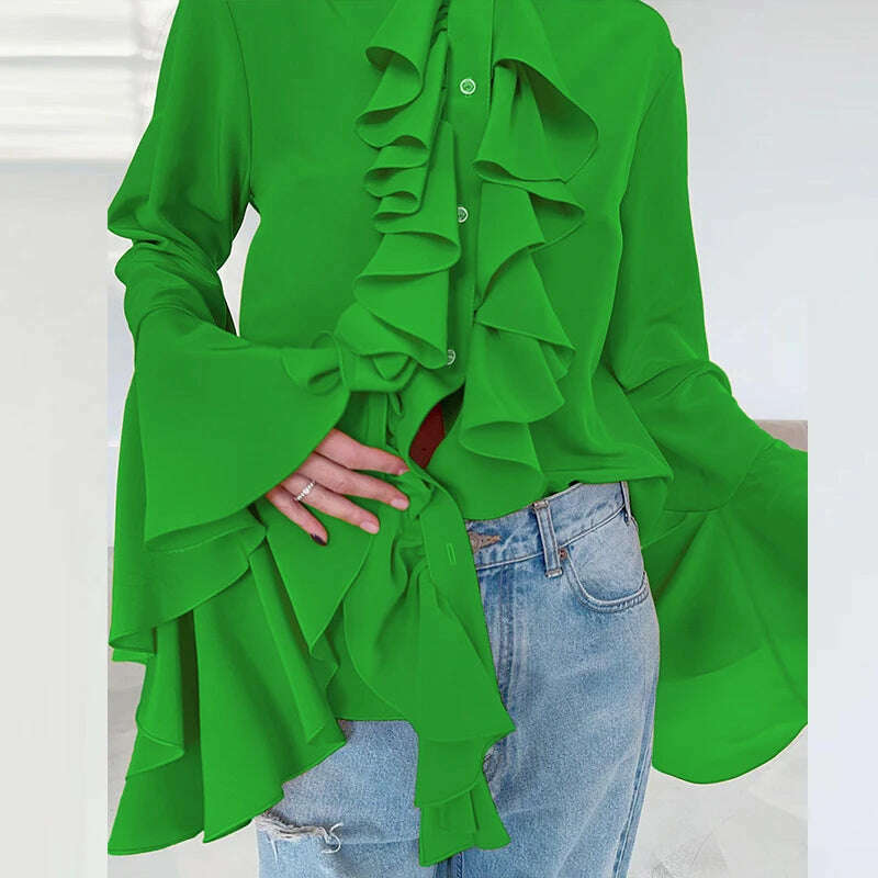 KIMLUD, Lady Temperament Cardigan Tops Spring Fashion Design Ruffle Single Breasted Shirt Casual Women O-neck Butterfly Sleeve Blouses, 03 Green / S, KIMLUD Women's Clothes