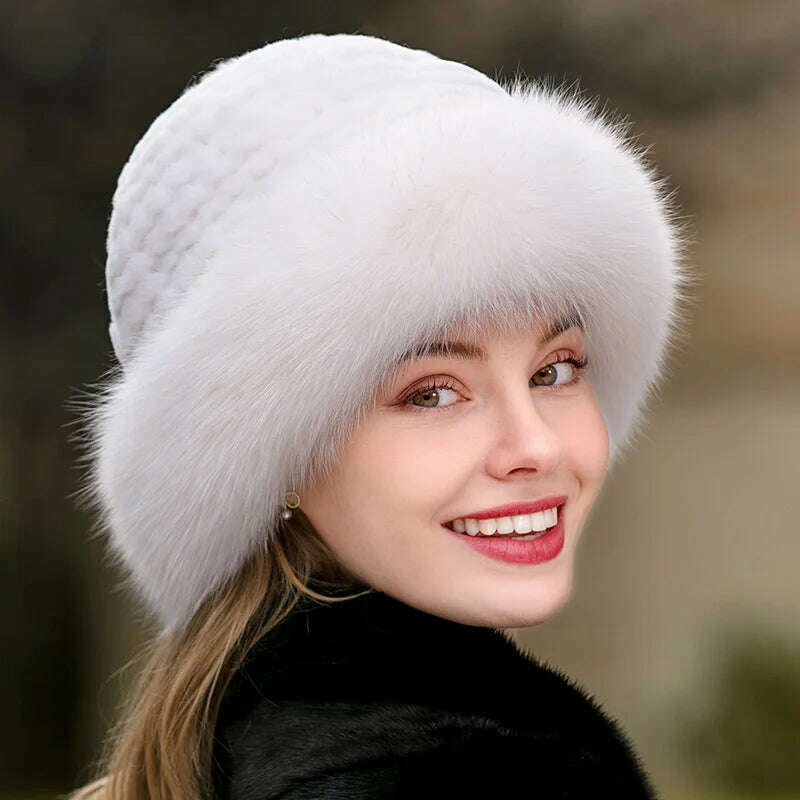 KIMLUD, Lady Winter Real Fur Hat Women Warm Knitted Genuine Formal  Rabbit Fur Hat Top Natural Fox Fur Bomber Caps Rex Rabbit Fur Cap, color 3, KIMLUD Women's Clothes