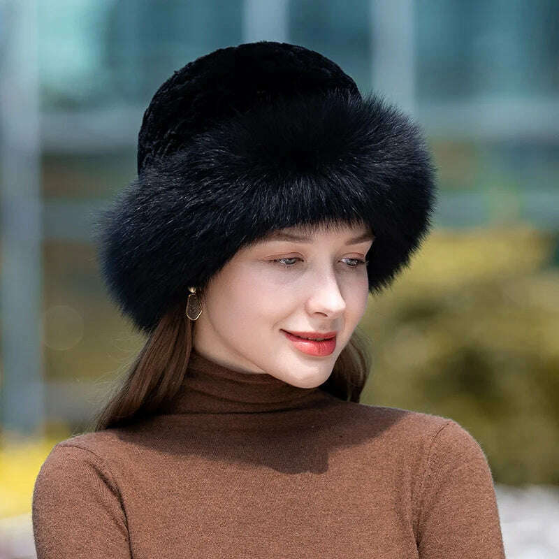 KIMLUD, Lady Winter Real Fur Hat Women Warm Knitted Genuine Formal  Rabbit Fur Hat Top Natural Fox Fur Bomber Caps Rex Rabbit Fur Cap, color 1, KIMLUD Women's Clothes