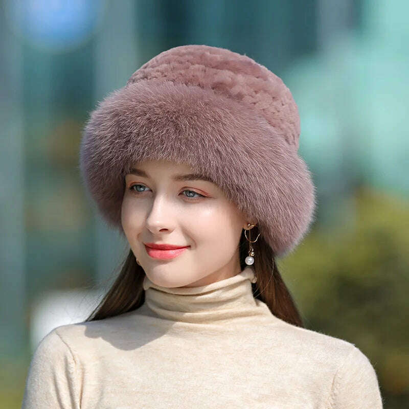 KIMLUD, Lady Winter Real Fur Hat Women Warm Knitted Genuine Formal  Rabbit Fur Hat Top Natural Fox Fur Bomber Caps Rex Rabbit Fur Cap, KIMLUD Women's Clothes