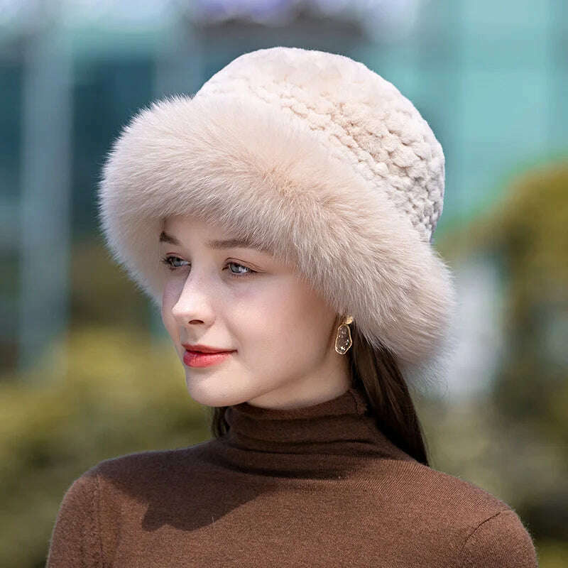 KIMLUD, Lady Winter Real Fur Hat Women Warm Knitted Genuine Formal  Rabbit Fur Hat Top Natural Fox Fur Bomber Caps Rex Rabbit Fur Cap, KIMLUD Women's Clothes