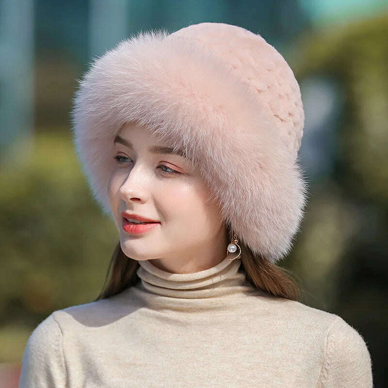 KIMLUD, Lady Winter Real Fur Hat Women Warm Knitted Genuine Formal  Rabbit Fur Hat Top Natural Fox Fur Bomber Caps Rex Rabbit Fur Cap, color 5, KIMLUD Womens Clothes