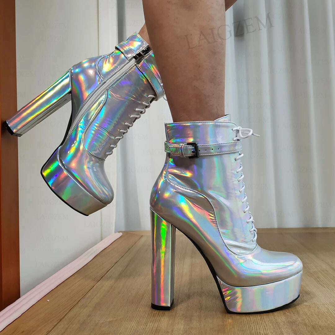 LAIGZEM Women Ankle Boots Platform Zip Up Thick High Heels Shiny Short Booties Ladies Handmade Shoes Woman Large Size 41 46 52 - KIMLUD