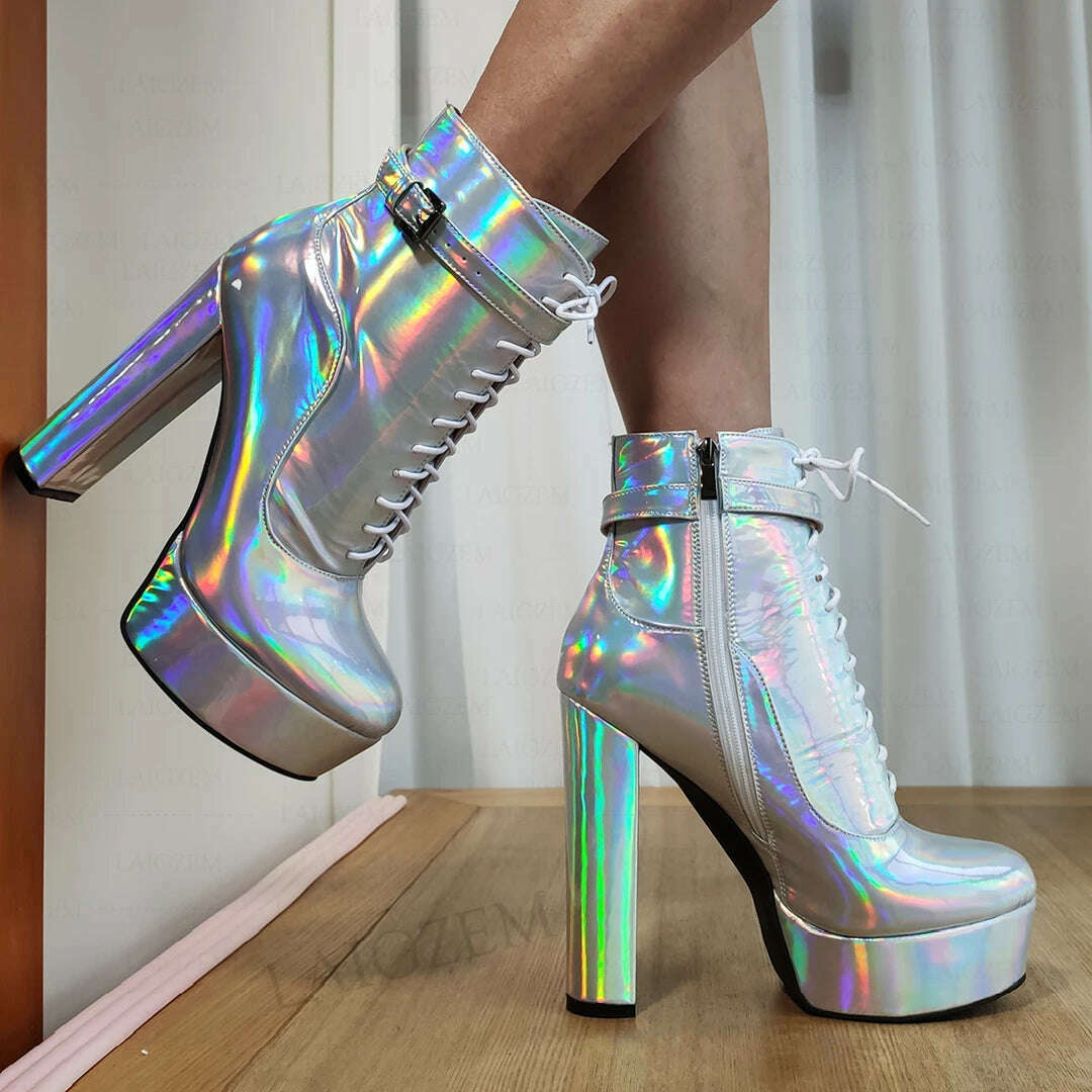 LAIGZEM Women Ankle Boots Platform Zip Up Thick High Heels Shiny Short Booties Ladies Handmade Shoes Woman Large Size 41 46 52 - KIMLUD
