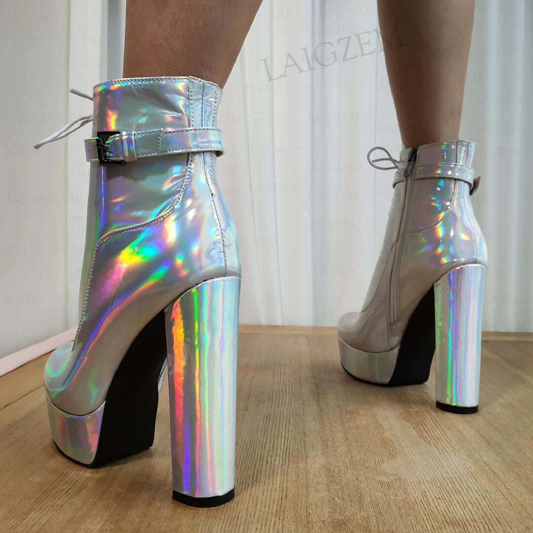 LAIGZEM Women Ankle Boots Platform Zip Up Thick High Heels Shiny Short Booties Ladies Handmade Shoes Woman Large Size 41 46 52 - KIMLUD