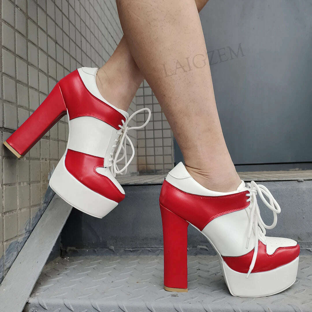 KIMLUD, LAIGZEM Women Ankle Platform Boots Lace Up Block High Heels Boots Patchwork Shoes Woman Botas Mujer Large Size 41 42 45 48 52, LGZ2630 Red / 4, KIMLUD Women's Clothes