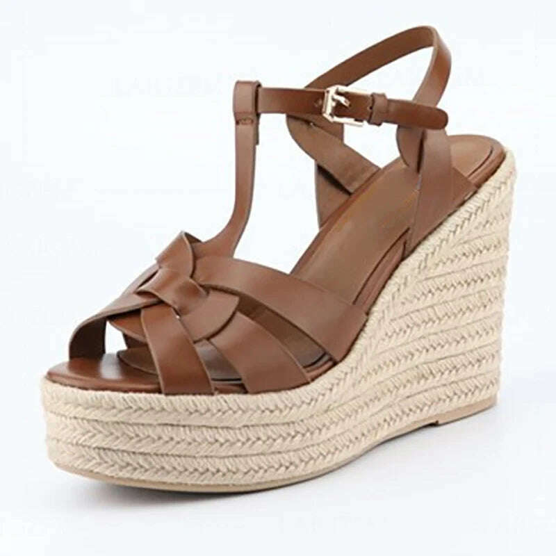 KIMLUD, LAIGZEM Women Platform Wedges Sandals Strappy High Heels Pumps Handmade Summer Height Increase Shoes Woman Big Size 38 40 42 43, LGZ2521 Brown / 5, KIMLUD Womens Clothes