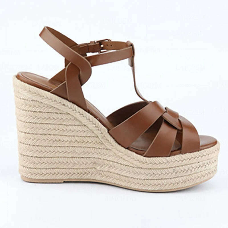 KIMLUD, LAIGZEM Women Platform Wedges Sandals Strappy High Heels Pumps Handmade Summer Height Increase Shoes Woman Big Size 38 40 42 43, KIMLUD Women's Clothes