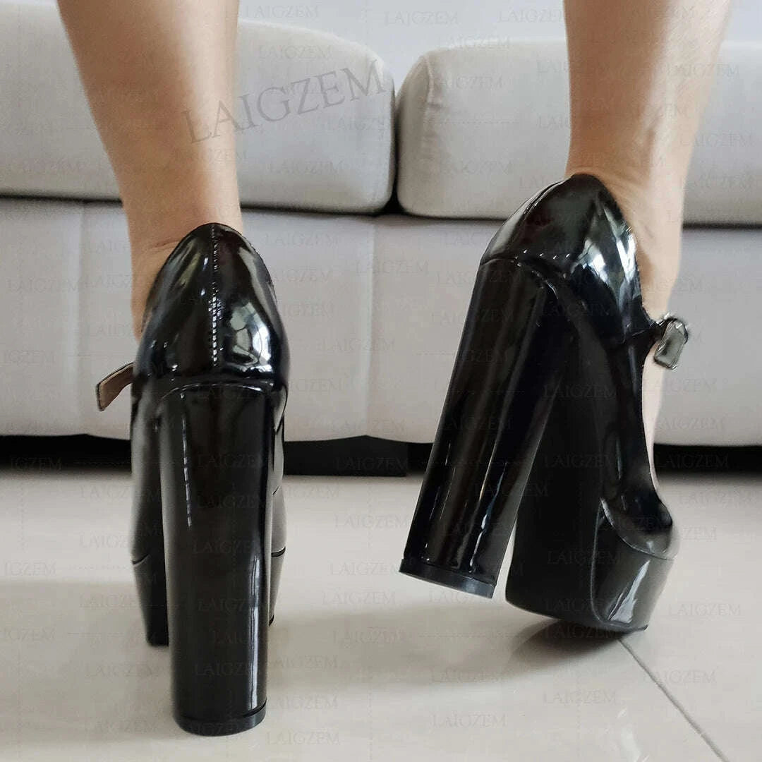 LAIGZEM Women Pumps Round Toe Shiny Platform Block High Heels Sandals Buckle Strap Ladies Shoes Woman Big Size 38 40 43 45 47 52
