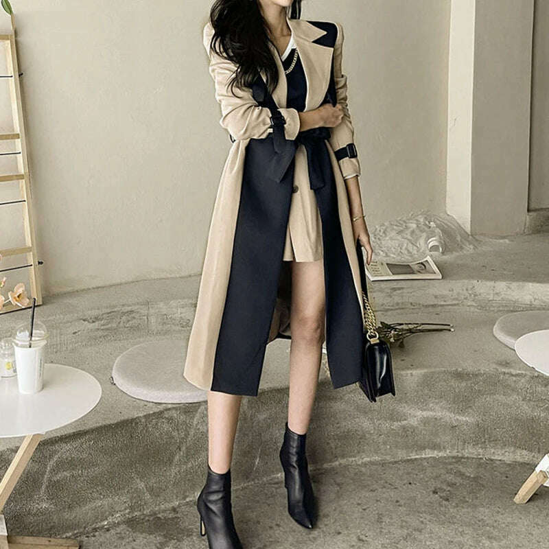 KIMLUD, LANMREM Elegant Notched Collar Lady Patchwork Windbreaker Full Sleeve Buttons Belted Women Long Trench Coats 2023 Winter 2W1922, KIMLUD Women's Clothes
