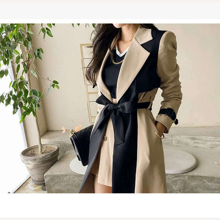 KIMLUD, LANMREM Elegant Notched Collar Lady Patchwork Windbreaker Full Sleeve Buttons Belted Women Long Trench Coats 2023 Winter 2W1922, KIMLUD Women's Clothes