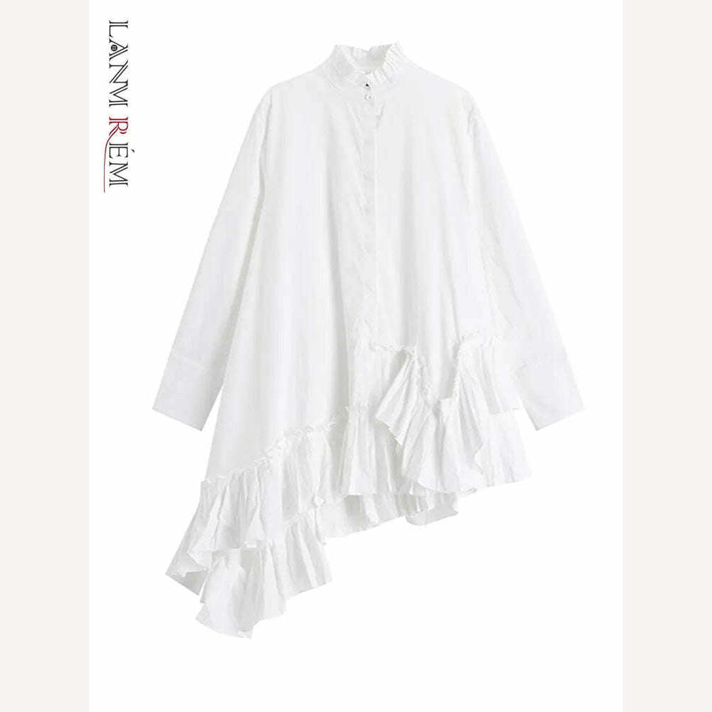 KIMLUD, LANMREM Fashion Solid Dress For Women Irregular Ruffles Patchwork Long Sleeves Single Breasted Dresses 2023 Autumn New 2AA1136, KIMLUD Womens Clothes