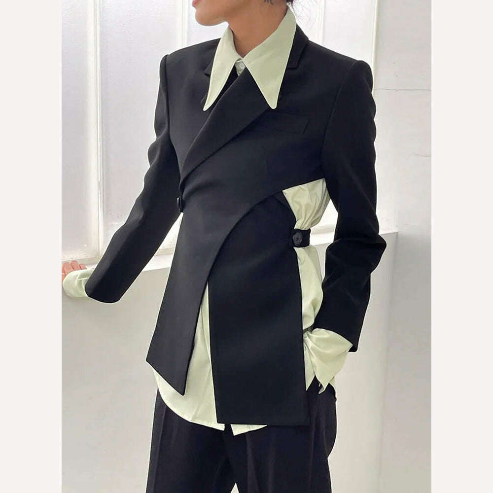 [LANMREM] Irregular Backless Design Blazer For Women Notched Long Sleeve Solid Elegant Jackets Female Clothing 2024 Spring New - KIMLUD
