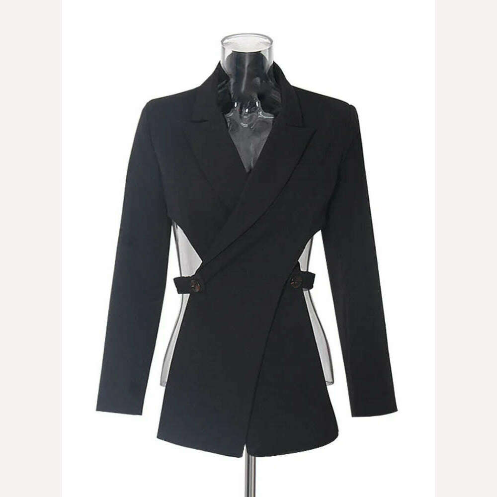 [LANMREM] Irregular Backless Design Blazer For Women Notched Long Sleeve Solid Elegant Jackets Female Clothing 2024 Spring New - KIMLUD