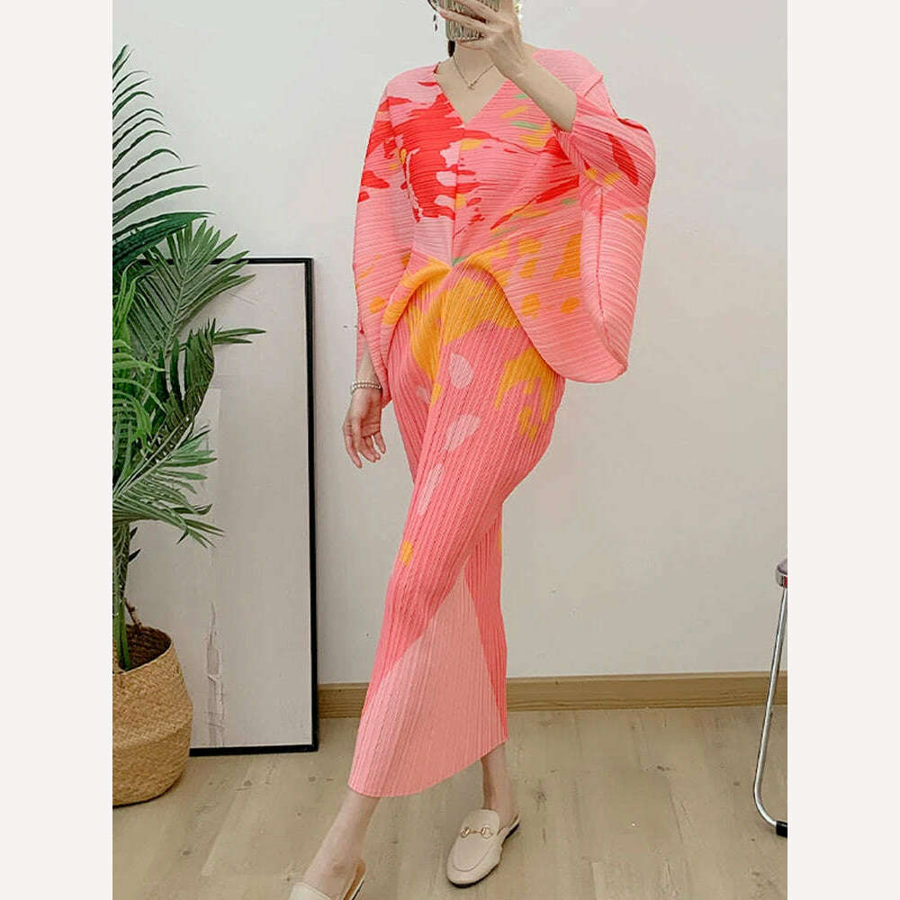 KIMLUD, LANMREM V-neck Bat Sleeve Maxi Pleated Dress 2023 Summer New Women's Elegant Retro Style Print Festival Dresses Clothing 2DA1267, Pink / One Size, KIMLUD Womens Clothes