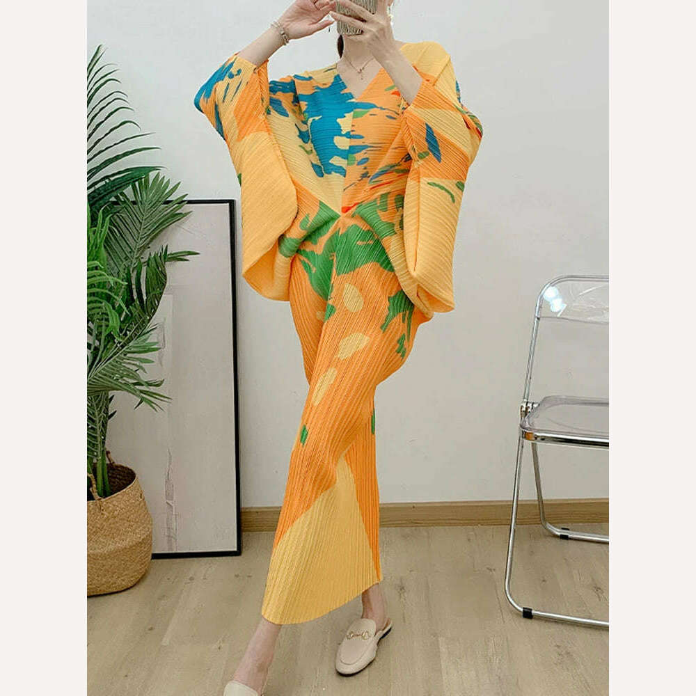 KIMLUD, LANMREM V-neck Bat Sleeve Maxi Pleated Dress 2023 Summer New Women's Elegant Retro Style Print Festival Dresses Clothing 2DA1267, Yellow / One Size, KIMLUD Womens Clothes