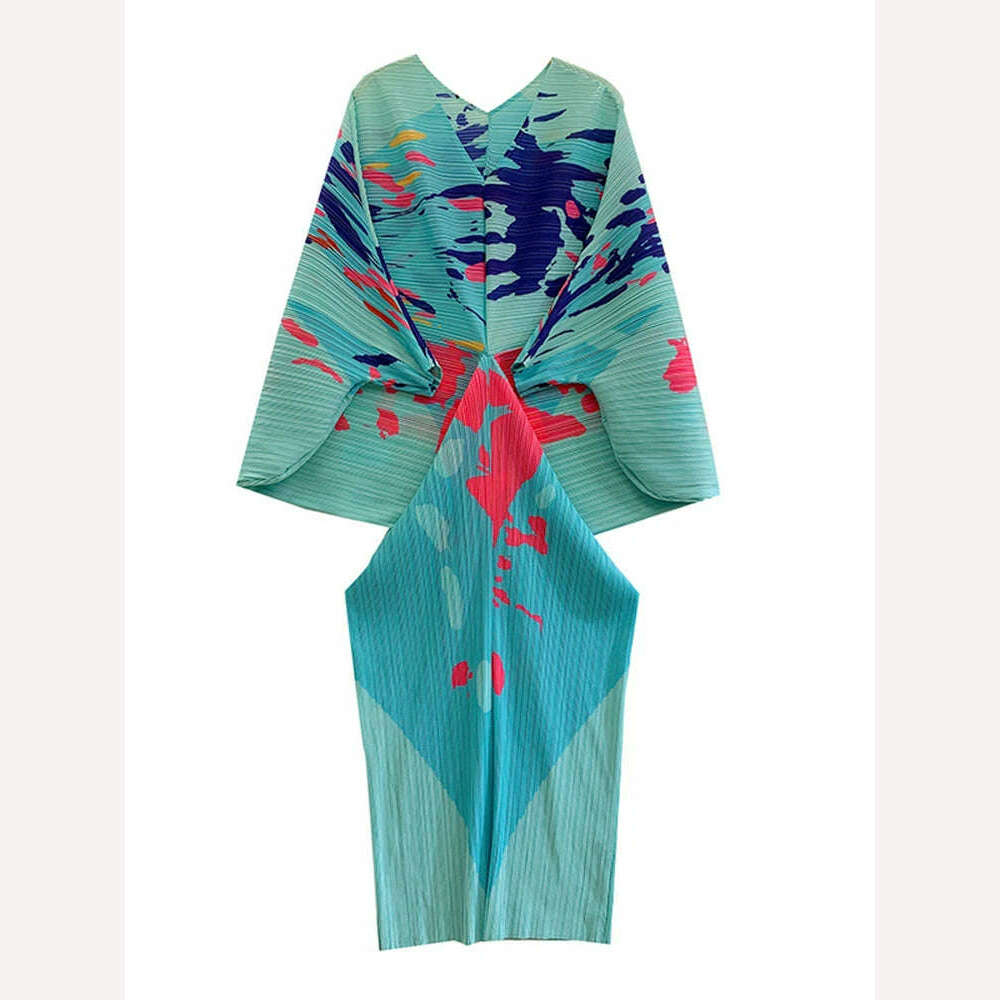 KIMLUD, LANMREM V-neck Bat Sleeve Maxi Pleated Dress 2023 Summer New Women's Elegant Retro Style Print Festival Dresses Clothing 2DA1267, KIMLUD Womens Clothes