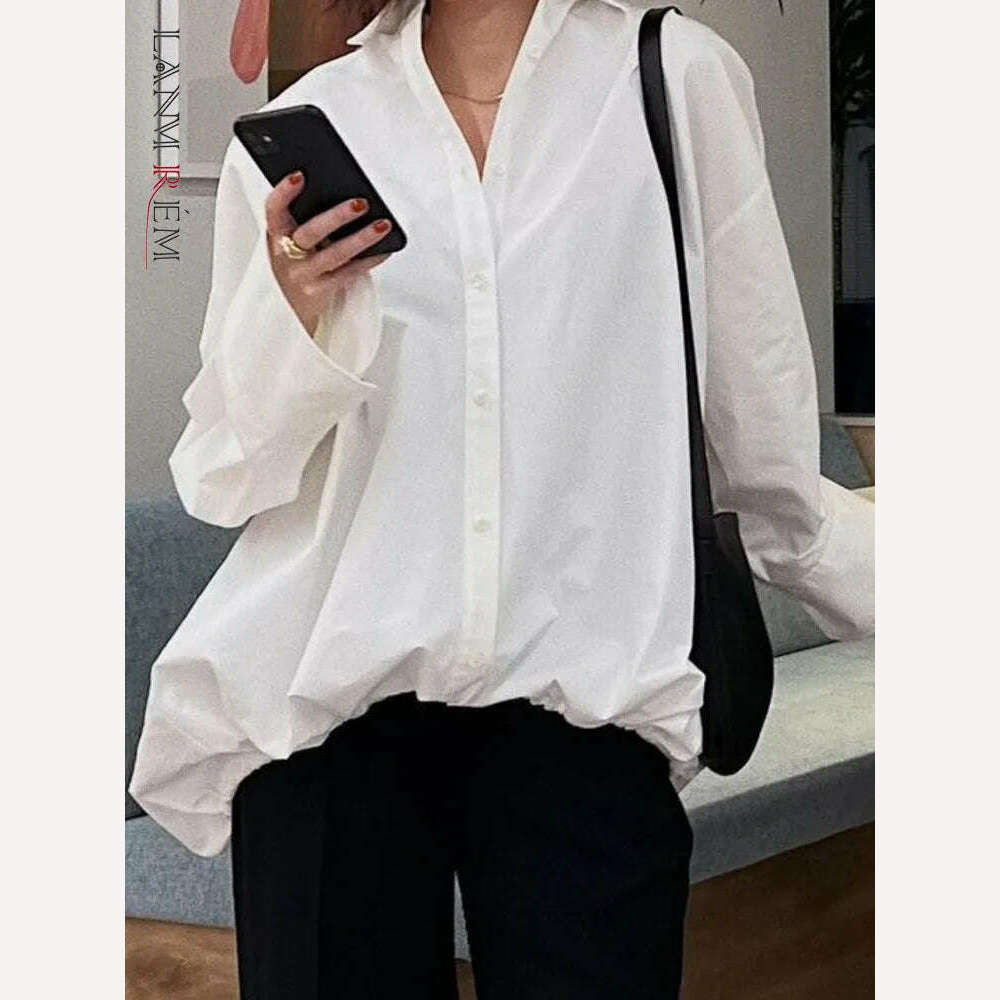 KIMLUD, [LANMREM] Women Casual Solid Color Shirt Lapel Long Sleeves Single Breasted Loose Tops Fashion 2024 Spring New Clothing 2AA2796, KIMLUD Womens Clothes
