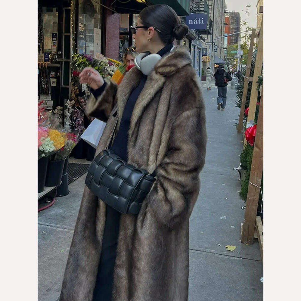 Lapel Collar Faux Fur Overcoat For Women Vintage Long Sleeve Plush Warm Coat 2024 New Fashion Lady High Street Outwears - KIMLUD