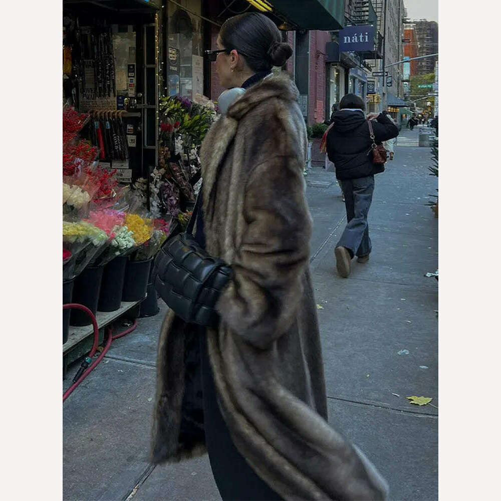 Lapel Collar Faux Fur Overcoat For Women Vintage Long Sleeve Plush Warm Coat 2024 New Fashion Lady High Street Outwears - KIMLUD