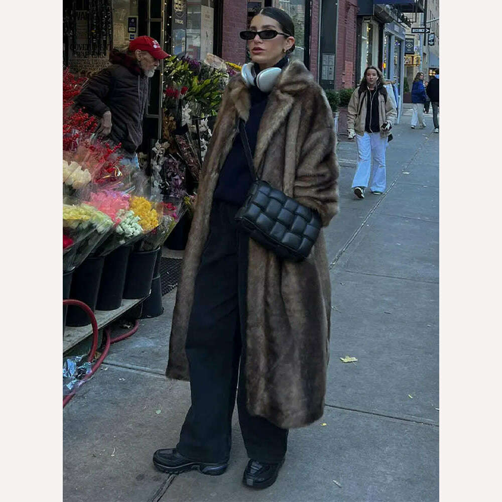 Lapel Collar Faux Fur Overcoat For Women Vintage Long Sleeve Plush Warm Coat 2024 New Fashion Lady High Street Outwears - KIMLUD