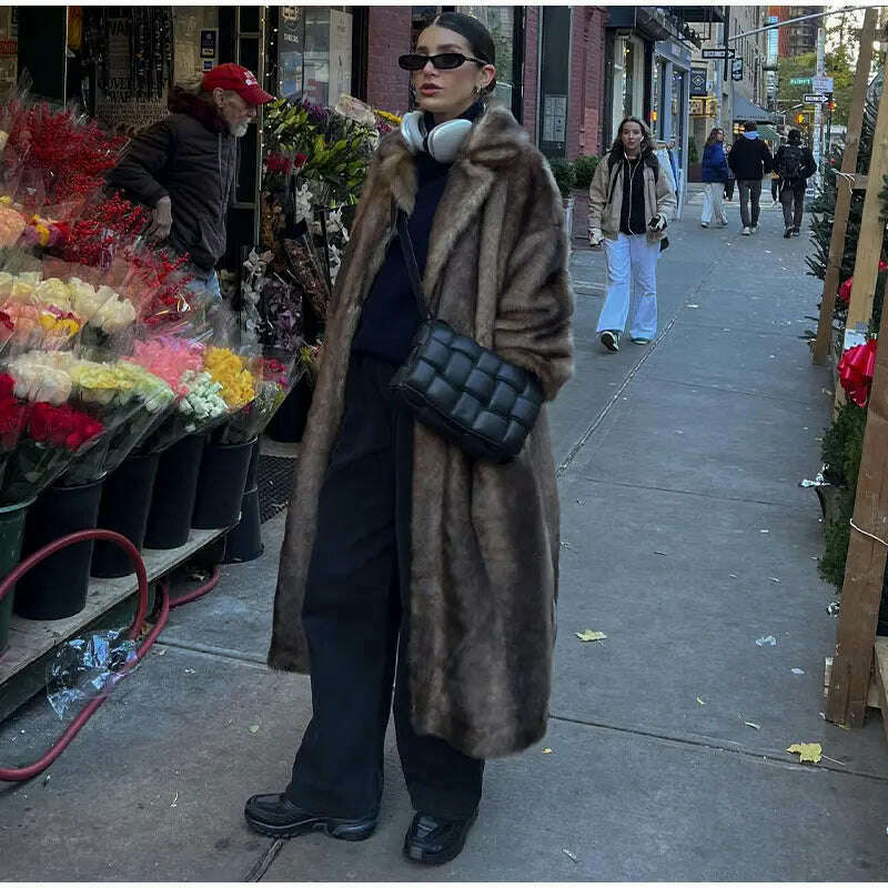 Lapel Collar Faux Fur Overcoat For Women Vintage Long Sleeve Plush Warm Coat 2024 New Fashion Lady High Street Outwears - KIMLUD