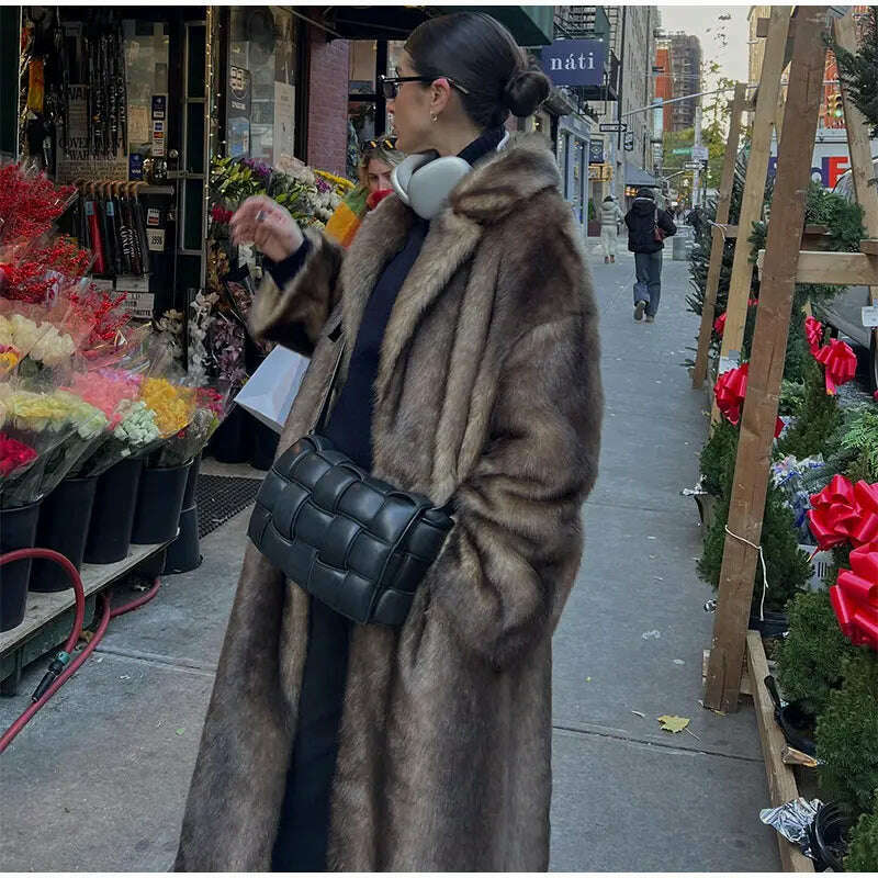 Lapel Collar Faux Fur Overcoat For Women Vintage Long Sleeve Plush Warm Coat 2024 New Fashion Lady High Street Outwears - KIMLUD