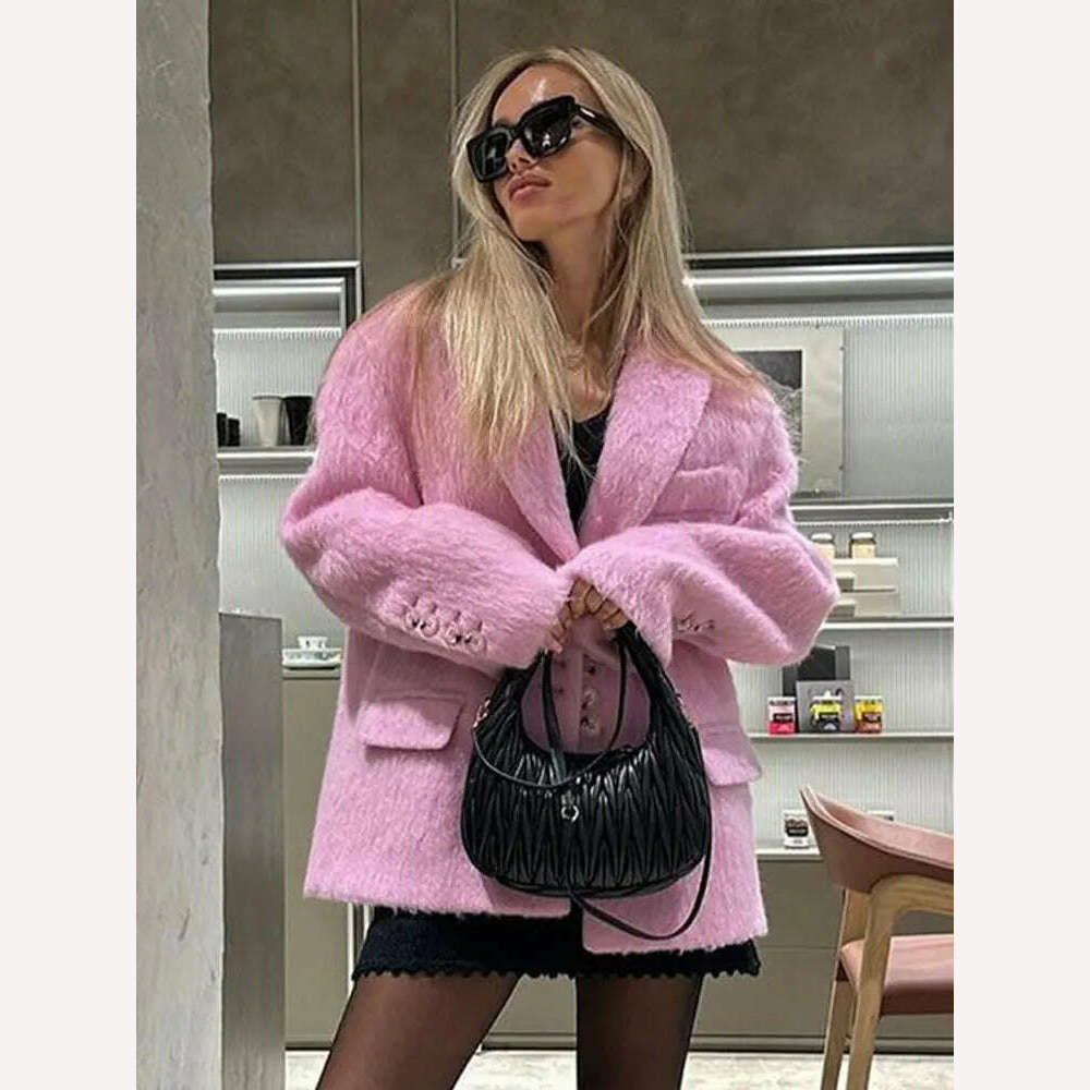 Lapel Woolen Plush Pink Coats For Women Loose Long Sleeve Single Breasted Oversized Jacket Autumn Winter Female Short Coat - KIMLUD