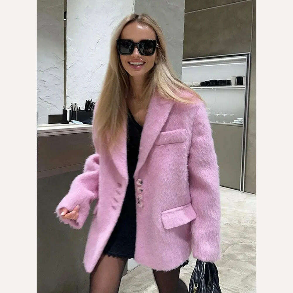 Lapel Woolen Plush Pink Coats For Women Loose Long Sleeve Single Breasted Oversized Jacket Autumn Winter Female Short Coat, KIMLUD Women's Clothes