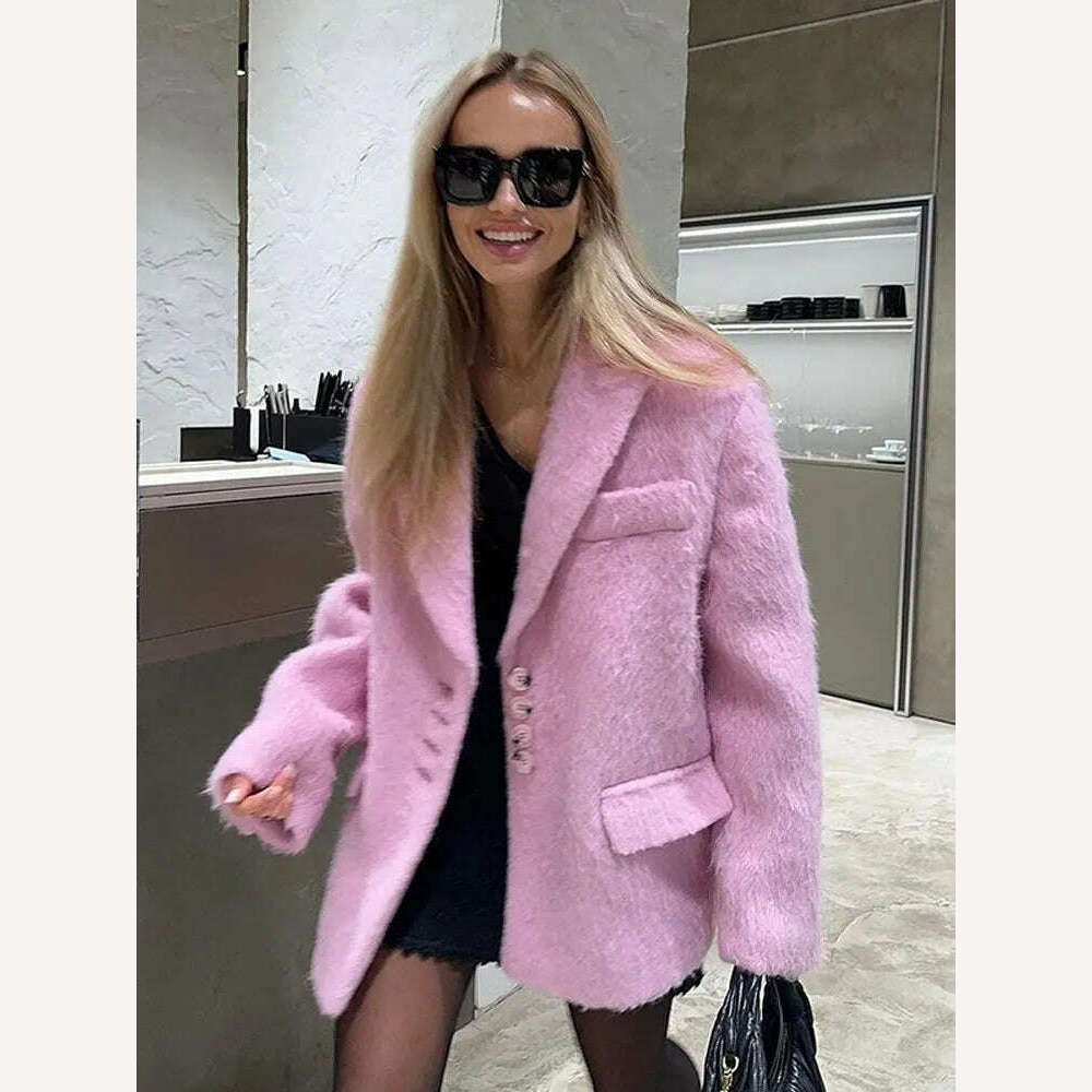 Lapel Woolen Plush Pink Coats For Women Loose Long Sleeve Single Breasted Oversized Jacket Autumn Winter Female Short Coat - KIMLUD