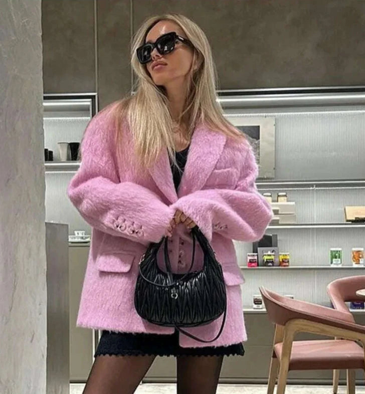 Lapel Woolen Plush Pink Coats For Women Loose Long Sleeve Single Breasted Oversized Jacket Autumn Winter Female Short Coat - KIMLUD