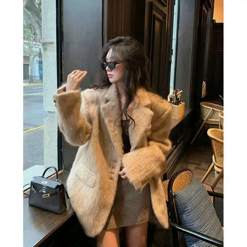 Lapel Woolen Plush Pink Coats For Women Loose Long Sleeve Single Breasted Oversized Jacket Autumn Winter Female Short Coat - KIMLUD