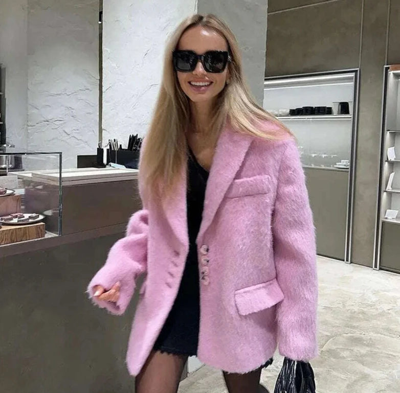 Lapel Woolen Plush Pink Coats For Women Loose Long Sleeve Single Breasted Oversized Jacket Autumn Winter Female Short Coat - KIMLUD