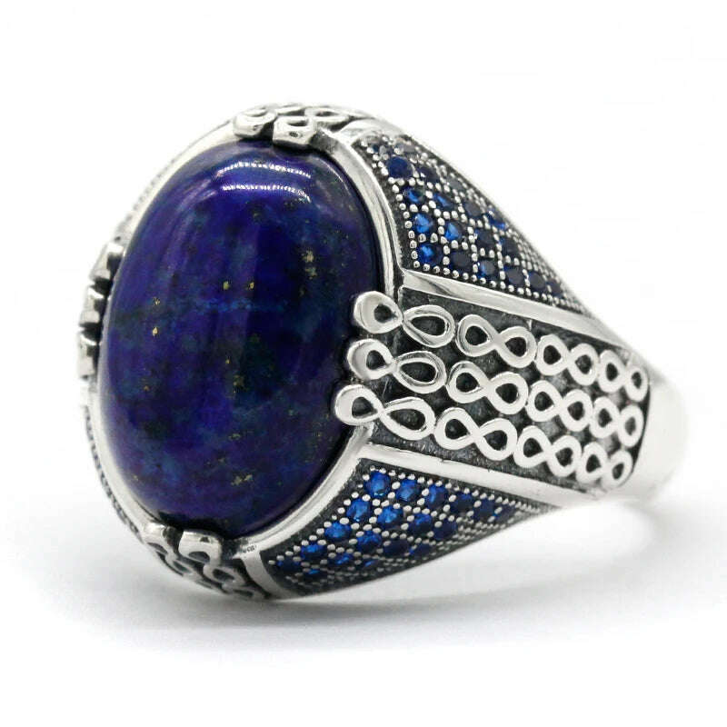 Lapis Lazuli Stone for Men 925 Sterling Silver Blue Stone Vintage Stripe Ring Turkish Thai Silver Jewelry for Male Women Gift - KIMLUD