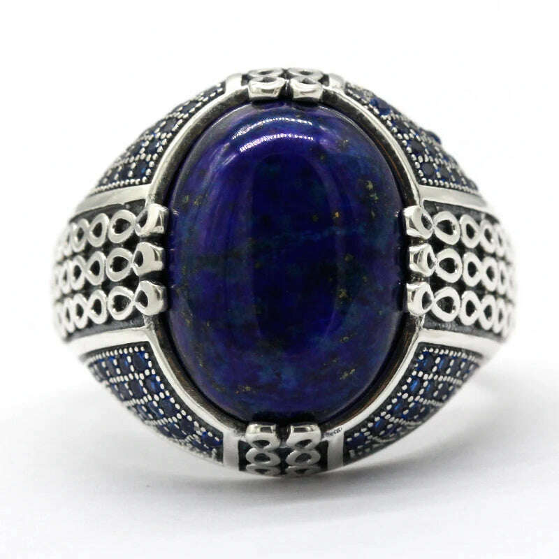 Lapis Lazuli Stone for Men 925 Sterling Silver Blue Stone Vintage Stripe Ring Turkish Thai Silver Jewelry for Male Women Gift - KIMLUD
