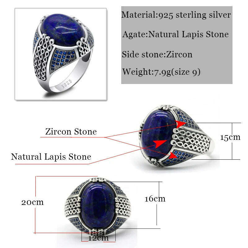 Lapis Lazuli Stone for Men 925 Sterling Silver Blue Stone Vintage Stripe Ring Turkish Thai Silver Jewelry for Male Women Gift - KIMLUD