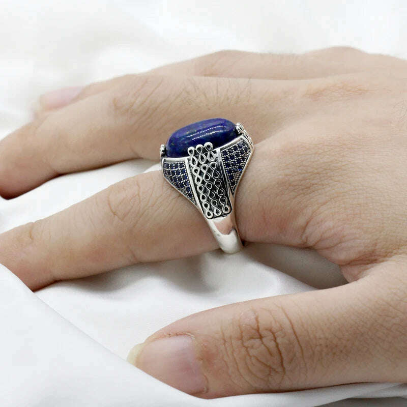 Lapis Lazuli Stone for Men 925 Sterling Silver Blue Stone Vintage Stripe Ring Turkish Thai Silver Jewelry for Male Women Gift - KIMLUD